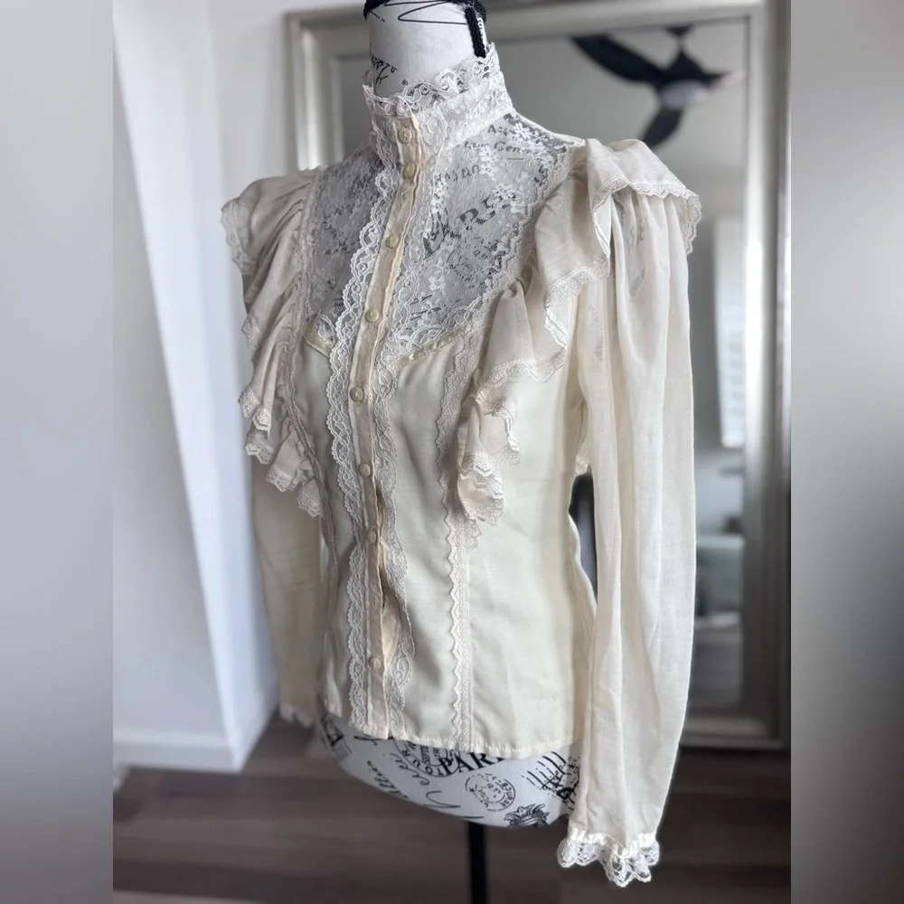 Vintage 70s 80s Gunne Sax Jessica Gunnies Lace Blouse Victorian Cottage Prairie - Picture 4 of 12